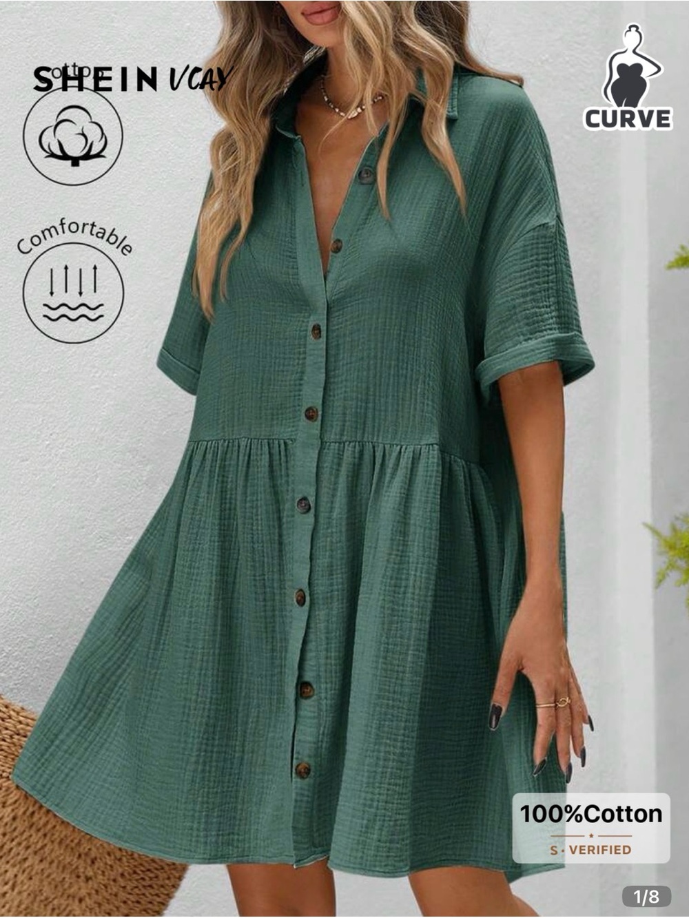 Green Button-Front Textured Cotton Dress 2xl